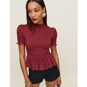 Reformation Aggie Red Puff Sleeve Smocked Peplum Top Size Small